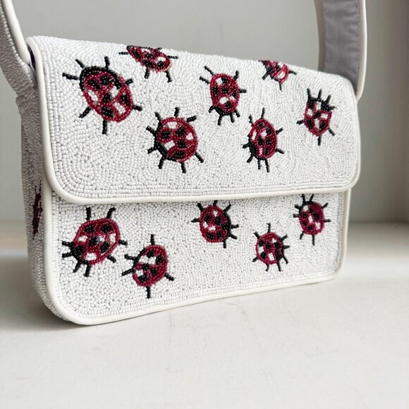 Beaded Lady Bug Lucky White Red Large Baguette Bag - Picture 2 of 14